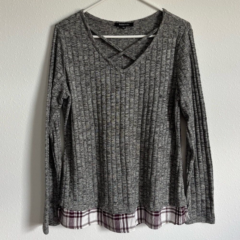 Relativity Charcoal Ribbed Long Sleeve with Plaid Trim Large